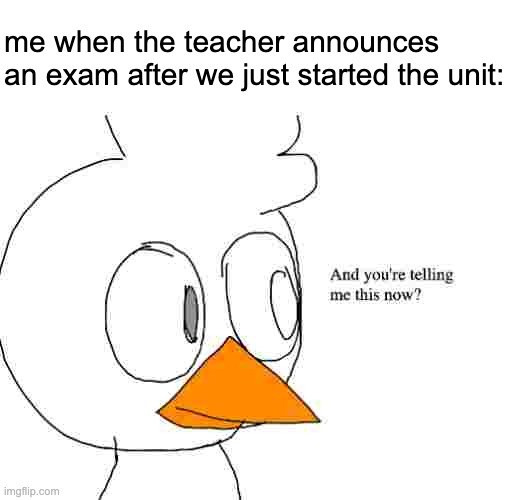 and you're telling me this now? | me when the teacher announces an exam after we just started the unit: | image tagged in and you're telling me this now | made w/ Imgflip meme maker