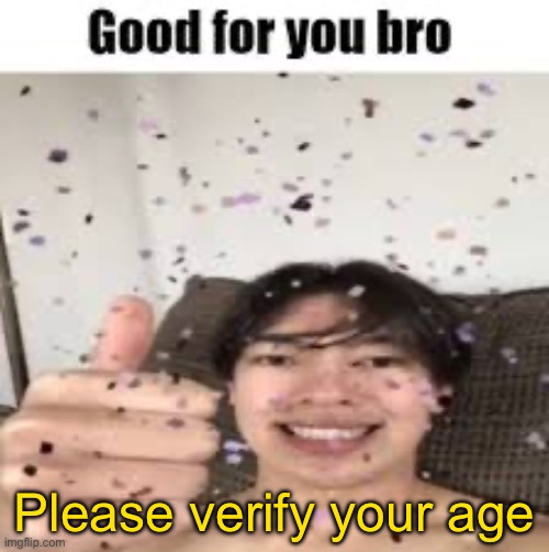 Good for you bro (Iraqi_Randomizer temp) | Please verify your age | image tagged in good for you bro iraqi_randomizer temp | made w/ Imgflip meme maker