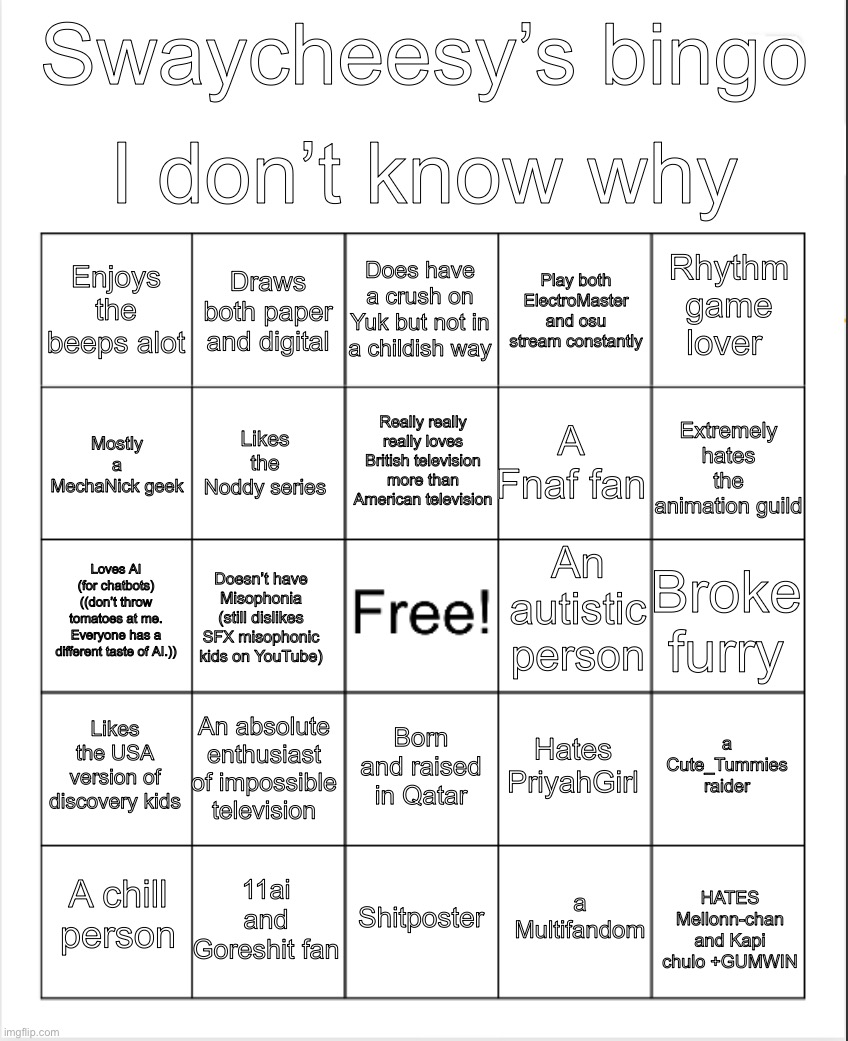 My bingo I guess | I don’t know why; Swaycheesy’s bingo; Does have a crush on Yuk but not in a childish way; Draws both paper and digital; Rhythm game lover; Enjoys the beeps alot; Play both ElectroMaster and osu stream constantly; Really really really loves British television more than American television; Extremely hates the animation guild; A Fnaf fan; Mostly a MechaNick geek; Likes the Noddy series; An autistic person; Loves AI (for chatbots) ((don’t throw tomatoes at me. Everyone has a different taste of AI.)); Broke furry; Doesn’t have Misophonia (still dislikes SFX misophonic kids on YouTube); Likes the USA version of discovery kids; An absolute enthusiast of impossible television; a Cute_Tummies raider; Hates PriyahGirl; Born and raised in Qatar; 11ai and Goreshit fan; HATES Mellonn-chan and Kapi chulo +GUMWIN; A chill person; Shitposter; a Multifandom | image tagged in blank bingo,uhh | made w/ Imgflip meme maker