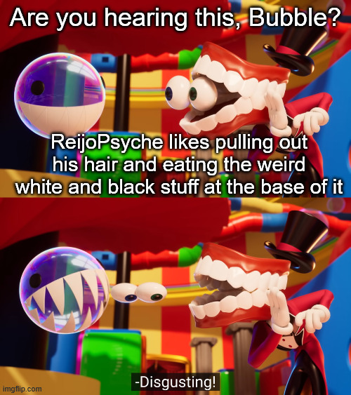 Do you hear this, Bubble? | Are you hearing this, Bubble? ReijoPsyche likes pulling out his hair and eating the weird white and black stuff at the base of it | image tagged in do you hear this bubble | made w/ Imgflip meme maker