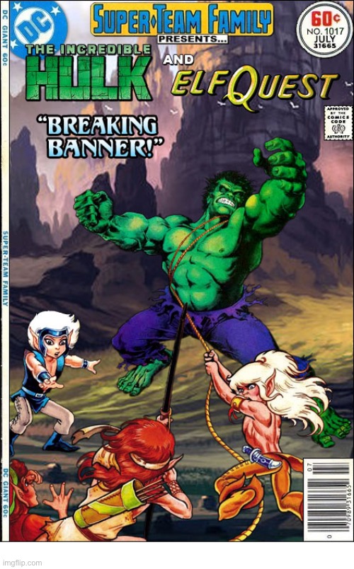 The elves have their work cut out for them when they attempt to capture The Incredible Hulk! | image tagged in comics,the hulk,elfquest,crossover,super team family | made w/ Imgflip meme maker