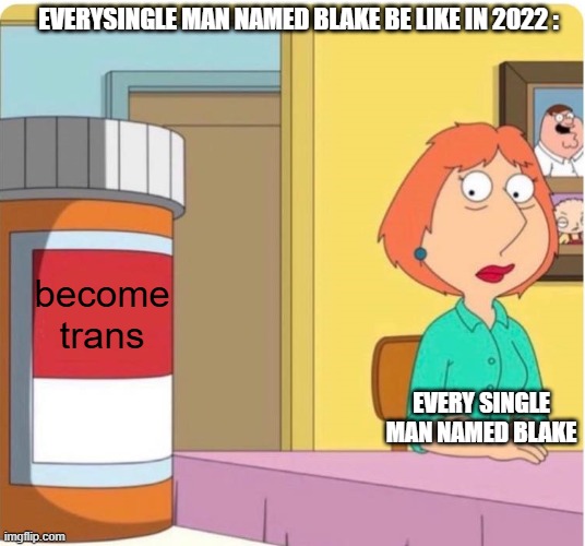 lets hope i don't get cooked for this beacuse this meme is too accurate i see girls using that name nowdays | everysingle man named blake be like in 2022 :; become trans; every single man named Blake | image tagged in family guy louis pills,true,facts,yep | made w/ Imgflip meme maker