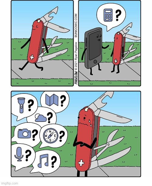 But the smartphone doesn’t have those nifty knives and scissors | image tagged in comics,buni comics,swiss army knife,smartphone,proud,humbled | made w/ Imgflip meme maker