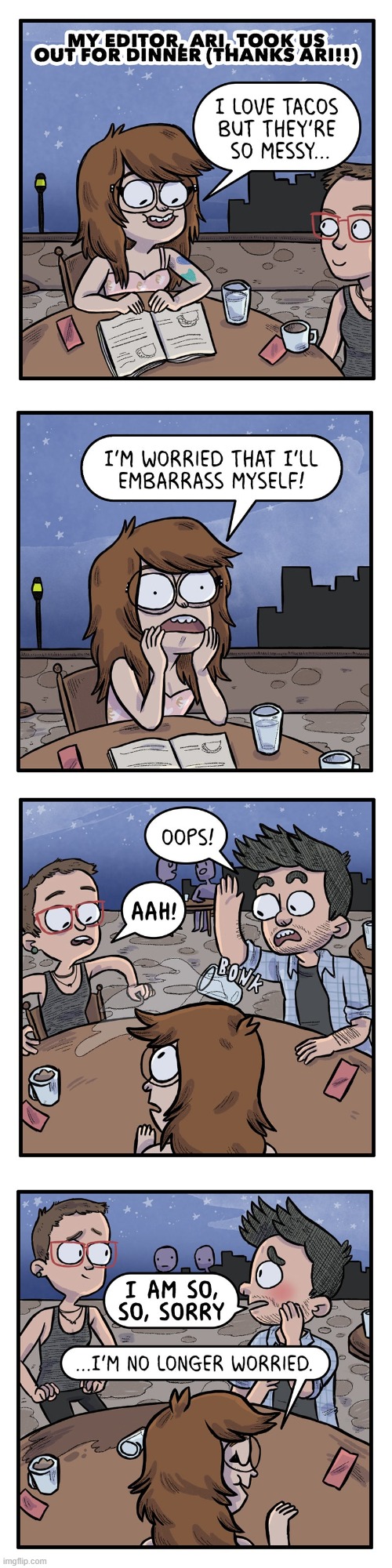image tagged in editor,dinner,tacos,embarrassment,water,spill | made w/ Imgflip meme maker