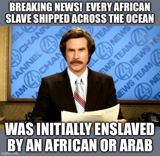 Breaking news!  Every African slave shipped across the ocean Was initially enslaved by an African or Arab | image tagged in breaking news | made w/ Imgflip meme maker