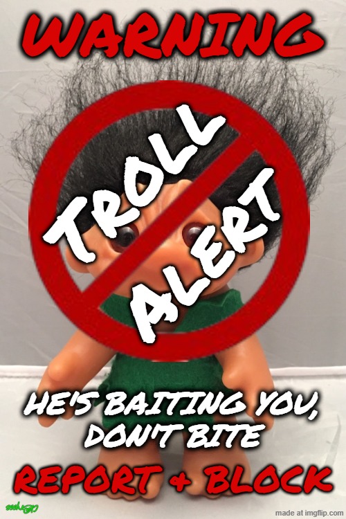 TROLL ALERT | WARNING; Troll; Alert; He's Baiting You,
Don't Bite; Report & Block; Cl@rysse | image tagged in troll doll,troll alert,troll among us | made w/ Imgflip meme maker