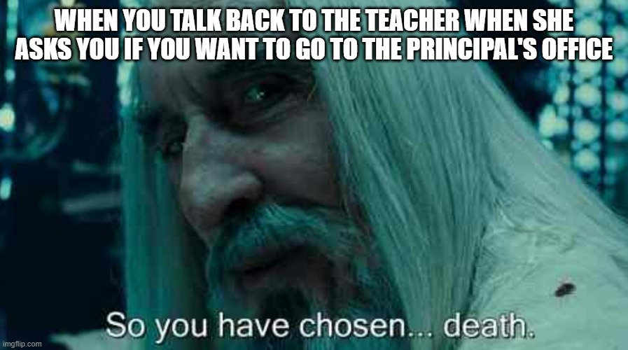 So you have chosen death | When you talk back to the teacher when she asks you if you want to go to the principal's office | image tagged in so you have chosen death | made w/ Imgflip meme maker