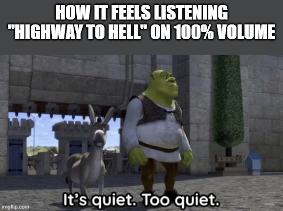 just get used to it after some time | how it feels listening "highway to hell" on 100% volume | image tagged in it s quiet too quiet shrek,highway to hell,lol so funny,spotify,music | made w/ Imgflip meme maker