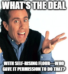 Jerry Seinfeld What's the Deal | WHAT'S THE DEAL; WITH SELF-RISING FLOUR—WHO GAVE IT PERMISSION TO DO THAT? | image tagged in jerry seinfeld what's the deal | made w/ Imgflip meme maker