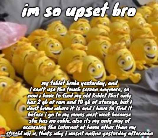 "skill issue" me all you want, but im genuinely upset. its not like i own a laptop or a phone | im so upset bro; my tablet broke yesterday, and i can't use the touch screen anymore, so now i have to find my old tablet that only has 2 gb of ram and 10 gb of storage, but i dont know where it is and i have to find it before i go to my moms next week because she has no cable. also its my only way of accessing the internet at home other than my stupid wii u. thats why i wasnt online yesterday afternoon | image tagged in skinning orphans | made w/ Imgflip meme maker