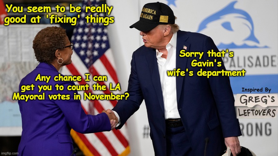 Karen actually may need the help | You seem to be really good at 'fixing' things; Sorry that's Gavin's wife's department; Any chance I can get you to count the LA Mayoral votes in November? | image tagged in bass trump fixing votes meme | made w/ Imgflip meme maker