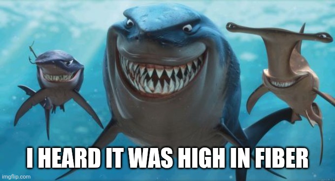 Finding Nemo Sharks | I heard It was high in fiber | image tagged in finding nemo sharks | made w/ Imgflip meme maker