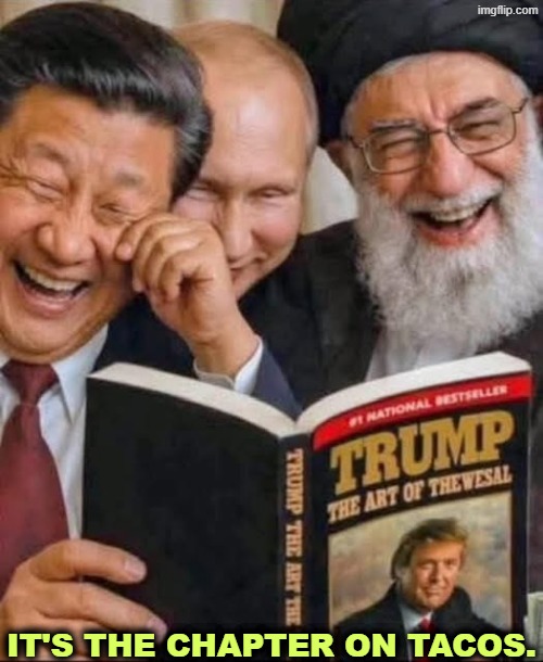 China, Russia and Iran laughing at Trump's book | It's the chapter on TACOs. | image tagged in china russia and iran laughing at trump's book,xi,putin,china,russia,iran | made w/ Imgflip meme maker