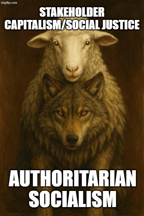 The Globalist Disguise | Stakeholder Capitalism/Social Justice; Authoritarian Socialism | made w/ Imgflip meme maker