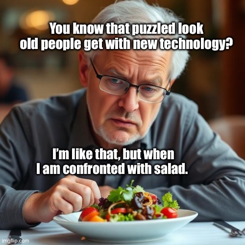 Salad | You know that puzzled look old people get with new technology? I’m like that, but when I am confronted with salad. | image tagged in img_9719 jpeg,technology,salad,puzzled | made w/ Imgflip meme maker