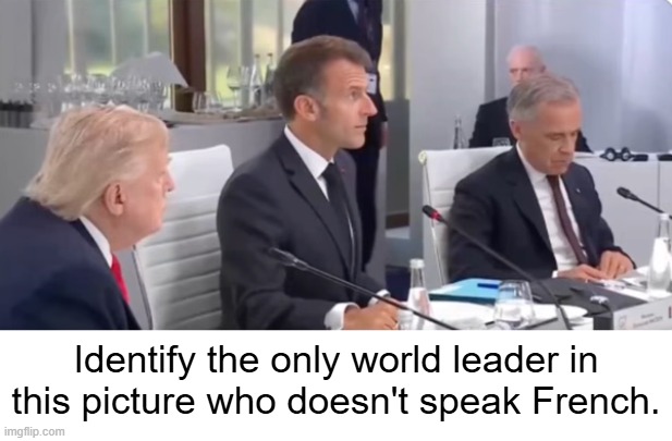 Je ne parle pas français | Identify the only world leader in this picture who doesn't speak French. | image tagged in donald trump,emanuel macron,mark carney,trump is a heathen,trump sucks | made w/ Imgflip meme maker