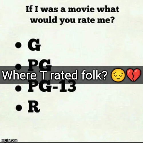 T for Tiffla | Where T rated folk? 😔💔 | image tagged in if i was a movie what would you rate me,t,tiffla | made w/ Imgflip meme maker
