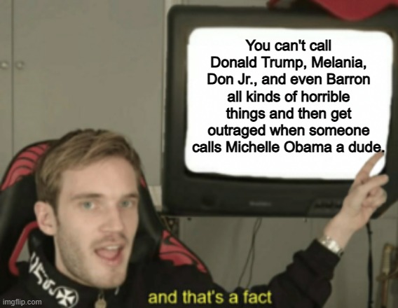 100% 100% 100% | You can't call Donald Trump, Melania, Don Jr., and even Barron all kinds of horrible things and then get outraged when someone calls Michelle Obama a dude. | image tagged in and that's a fact,memes,funny,politics,political meme | made w/ Imgflip meme maker