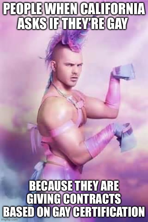 Gay Unicorn | People when California asks if they’re gay; Because they are giving contracts based on gay certification | image tagged in gay unicorn,california,politics,political meme,lgbtq,business | made w/ Imgflip meme maker