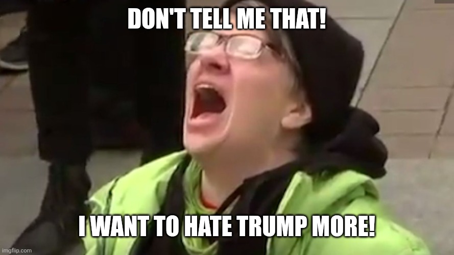 don't tell me that! i want to hate trump more! | image tagged in screaming liberal | made w/ Imgflip meme maker