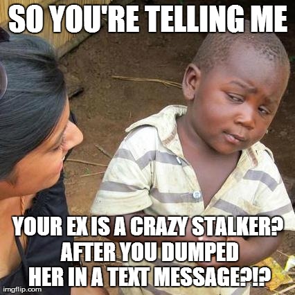 Third World Skeptical Kid Meme | SO YOU'RE TELLING ME YOUR EX IS A CRAZY STALKER? AFTER YOU DUMPED HER IN A TEXT MESSAGE?!? | image tagged in memes,third world skeptical kid | made w/ Imgflip meme maker