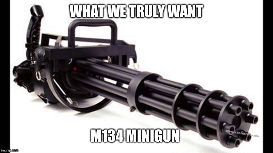 What we truly want m134 Minigun | image tagged in minigun | made w/ Imgflip meme maker