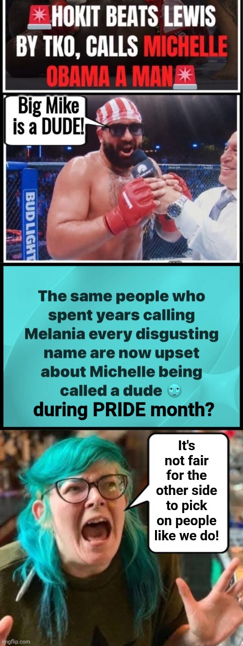 Liberals upset when the other side does the same thing they do. | during PRIDE month? It's not fair for the other side to pick on people like we do! | image tagged in img 38 jpeg,wokester crying,big,mike | made w/ Imgflip meme maker