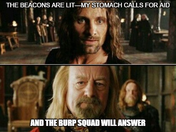 gondor calls for aid | THE BEACONS ARE LIT—MY STOMACH CALLS FOR AID; AND THE BURP SQUAD WILL ANSWER | image tagged in gondor calls for aid | made w/ Imgflip meme maker
