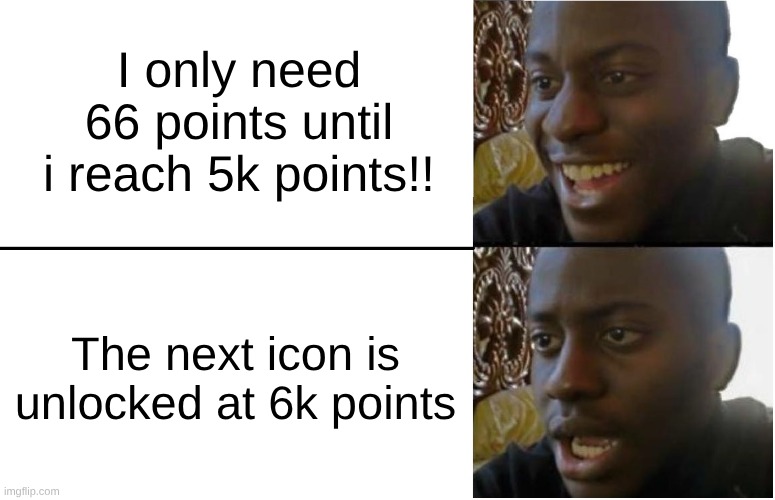 happy / shock | I only need 66 points until i reach 5k points!! The next icon is unlocked at 6k points | image tagged in disappointed black guy,imgflip,memes,fun | made w/ Imgflip meme maker
