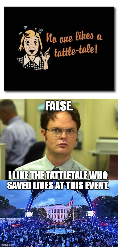 I am so sick of hearing this falsehood | FALSE. I LIKE THE TATTLETALE WHO
SAVED LIVES AT THIS EVENT. | image tagged in dwight schrute,white house,ufc,narc,rat,squeal | made w/ Imgflip meme maker