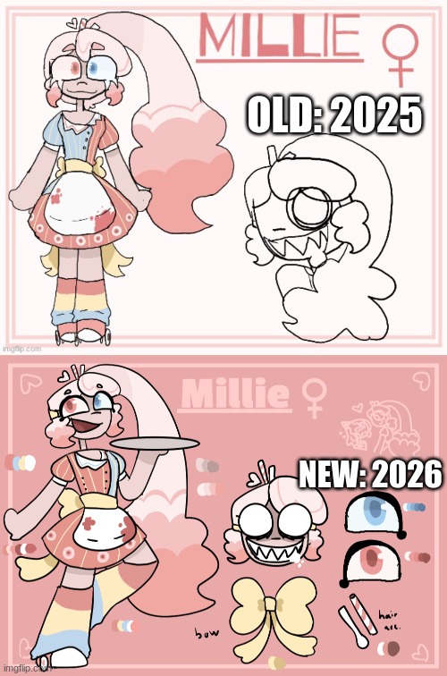 Millie :D | old: 2025; new: 2026 | image tagged in ocs,cannibalism,food,redesign | made w/ Imgflip meme maker