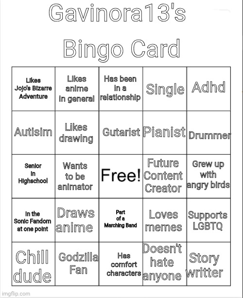 My bingo card! | Gavinora13's; Bingo Card; Has been in a relationship; Likes anime in general; Adhd; Likes Jojo's Bizarre Adventure; Single; Gutarist; Pianist; Autisim; Drummer; Likes drawing; Future Content Creator; Grew up with angry birds; Wants to be animator; Senior in Highschool; Draws anime; Supports LGBTQ; Part of a Marching Band; In the Sonic Fandom at one point; Loves memes; Doesn't hate anyone; Godzilla Fan; Story writter; Chill dude; Has comfort characters | image tagged in blank bingo | made w/ Imgflip meme maker