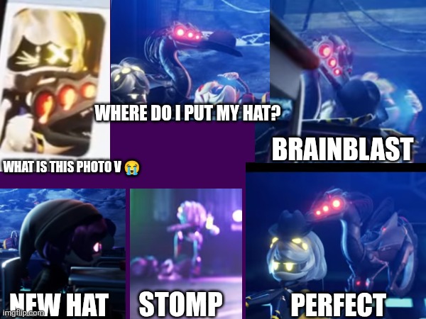 Secrets and glitches part 25 - V and her dingo... Wait, how did Uzi get here? | Where do I put my hat? Brainblast; What is this photo v 😭; Stomp; New hat; Perfect | made w/ Imgflip meme maker