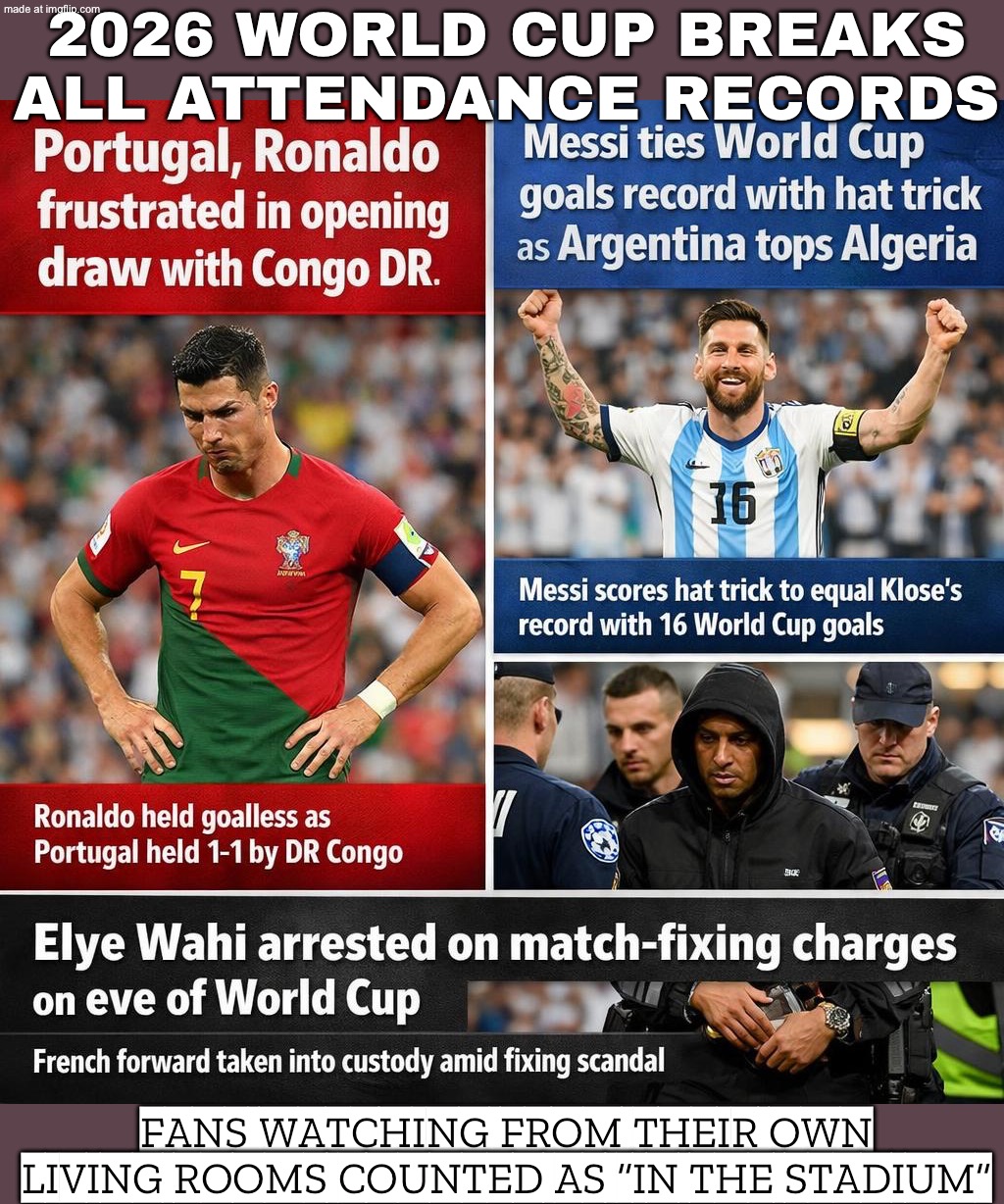 ALSO BREAKING: THEY COUNTED LIVESTREAM VIEWS, GROUP CHATS, AND “VIBES” AS FANS | 2026 WORLD CUP BREAKS ALL ATTENDANCE RECORDS; FANS WATCHING FROM THEIR OWN LIVING ROOMS COUNTED AS “IN THE STADIUM” | image tagged in 2026 world cup headlines,fifa,soccer,world cup,streaming,television | made w/ Imgflip meme maker