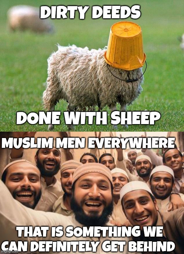 Muslim men meme | Dirty Deeds; Done with Sheep; Muslim men everywhere; That is something we can definitely get behind | image tagged in b8bc6cfeed37812a275548d24cc7b125 jpg | made w/ Imgflip meme maker