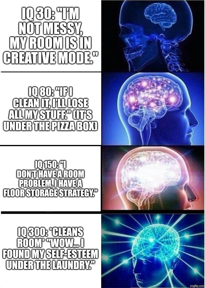 Expanding Brain | IQ 30: "I’m not messy, my room is in creative mode."; IQ 80: "If I clean it, I’ll lose all my stuff." (it’s under the pizza box); IQ 150: "I don’t have a room problem, I have a floor storage strategy."; IQ 300: *cleans room* "Wow… I found my self-esteem under the laundry." | image tagged in memes,expanding brain,remix | made w/ Imgflip meme maker