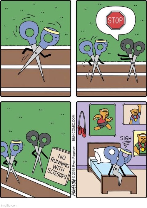 (No) running with scissors | image tagged in comics,buni comics,track and field,scissors,no running,dashed dreams | made w/ Imgflip meme maker