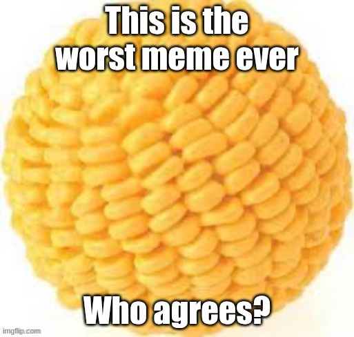 nobody likes this meme and pls don't hate on me for posting here it's already happened and I don't need it to happen again | This is the worst meme ever; Who agrees? | image tagged in cornball,bad memes | made w/ Imgflip meme maker