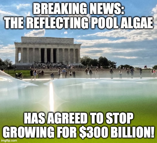 Another Trump "victory"! | Breaking news:
the reflecting pool algae; has agreed to stop growing for $300 Billion! | image tagged in donald trump's reflecting pool swamp,trump unfit unqualified dangerous,drain the swamp,donald trump,iran | made w/ Imgflip meme maker