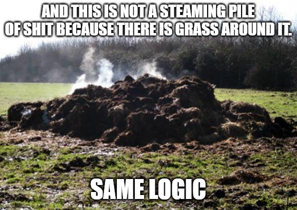 Steaming pile of shit | And this is not a steaming pile of shit because there is grass around it. Same logic | image tagged in steaming pile of shit | made w/ Imgflip meme maker