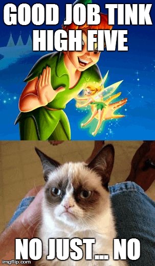 Grumpy Cat Does Not Believe Meme | GOOD JOB TINK HIGH FIVE NO JUST... NO | image tagged in memes,grumpy cat does not believe | made w/ Imgflip meme maker