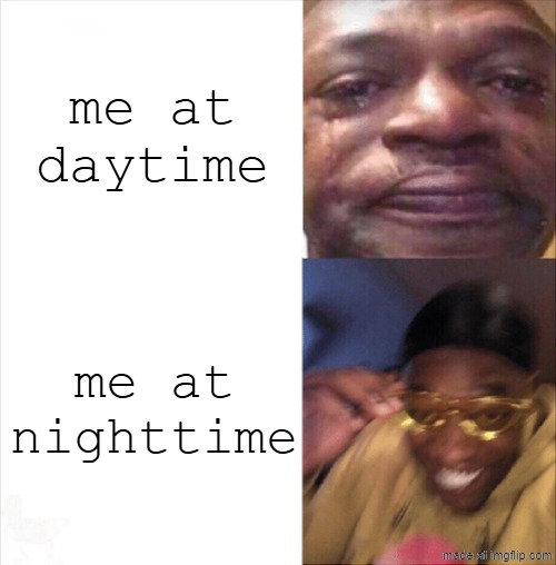 i'm nocturnal | me at daytime; me at nighttime | image tagged in sad happy,memes | made w/ Imgflip meme maker