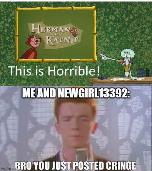 Dublinloser3740 is at it again... | ME AND NEWGIRL13392: | image tagged in bro you just posted cringe rick astley,dublinlad3740 sucks,stop dublinlad3740,deviantart,rick astley,end dublinlad3740 | made w/ Imgflip meme maker