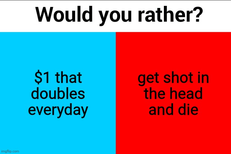 Would you rather? | $1 that doubles everyday; get shot in
the head
and die | image tagged in would you rather | made w/ Imgflip meme maker