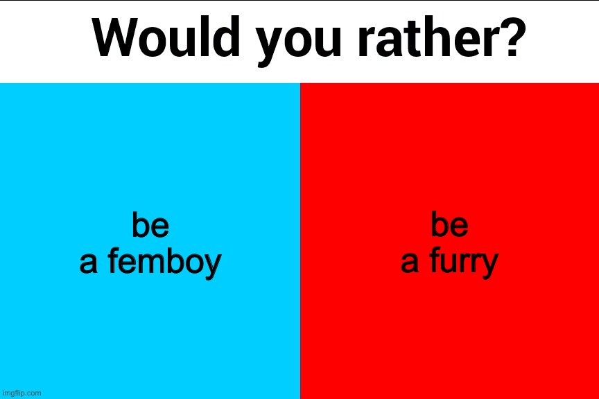 Would you rather? | be a femboy; be a furry | image tagged in would you rather | made w/ Imgflip meme maker