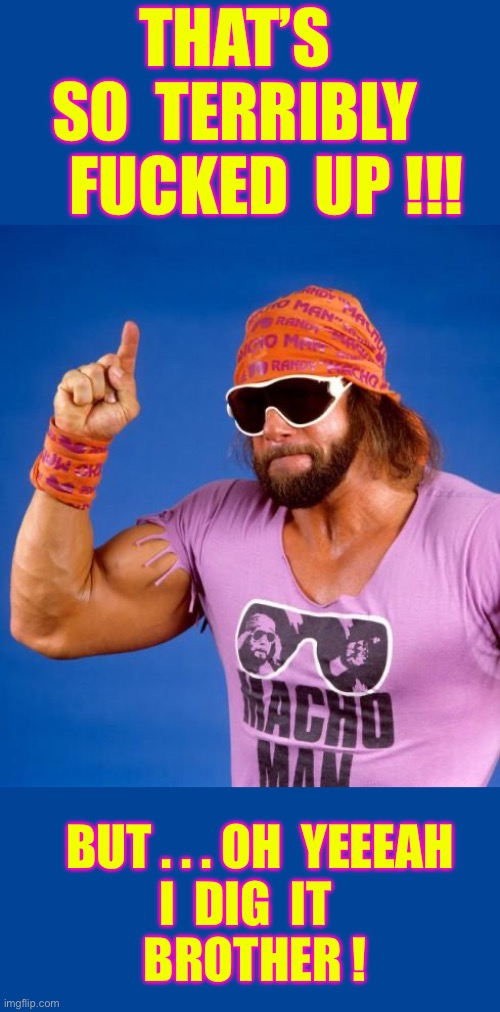 Terribly F’d Up … But , Perfectly Acceptable & WILD !  DIG IT !!!  : ) | That’s
 So  terribly 
     fucked  up !!! But . . . Oh  yeeeah
    I  Dig  It 
     Brother ! | image tagged in macho man | made w/ Imgflip meme maker