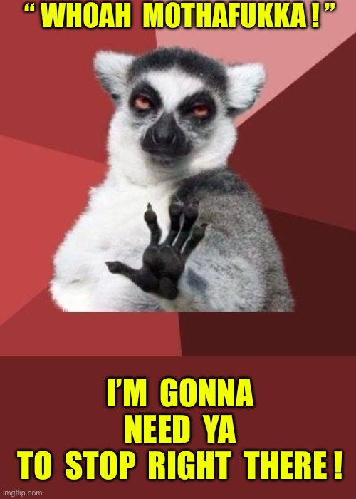 I’m Not Sharing My Chips Buddy !  STEP OFF !!!  : ) | “ Whoah  MOTHAFUKKA ! ”; I’m  gonna
Need  ya
To  stop  right  there ! | image tagged in calm down | made w/ Imgflip meme maker