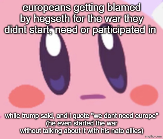 I mean trump has to blame someone from losing to iran this bad | europeans getting blamed by hegseth for the war they didnt start, need or participated in; while trump said, and i quote ''we dont need europe''
(he even started the war without talking about it with his nato allies) | image tagged in blank kirby face | made w/ Imgflip meme maker