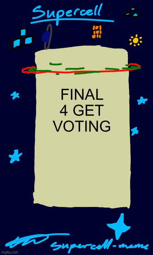 Supercell-meme announcement template | FINAL 4 GET VOTING | image tagged in supercell-meme announcement template | made w/ Imgflip meme maker