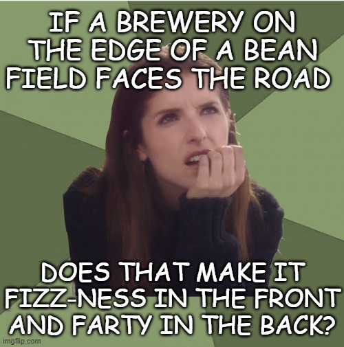 Weird things I think about | If a brewery on the edge of a bean field faces the road; does that make it fizz-ness in the front and farty in the back? | image tagged in philosophanna,weird things i think about | made w/ Imgflip meme maker